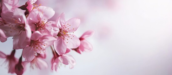 Aufkleber - Blooming cherry blossom branch with delicate pink flowers and soft blurred white background capturing the essence of spring tranquility and beauty