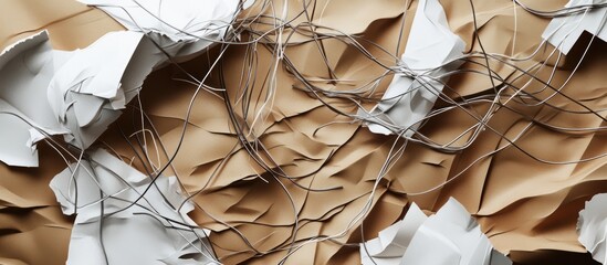 Aufkleber - Tangled metallic wires blend with chaotic textures of crumpled brown and white paper creating an abstract visual contrast in a layered composition