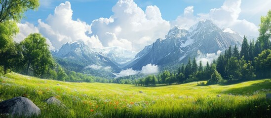 Leinwandbilder - Lush green meadow under a bright blue sky with fluffy white clouds surrounded by majestic mountains and dense evergreen forests