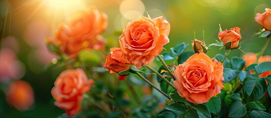 Aufkleber - Vibrant orange roses in full bloom against a blurred green background with soft sunlight creating a warm atmosphere ideal for copy space