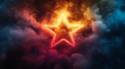 Aufkleber - glowing neon star in colorful smoky background, abstract art. futuristic design and creativity conce