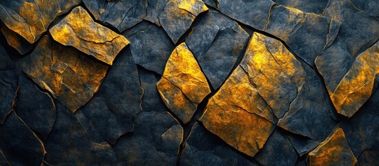 Leinwandbilder - Abstract cracked stone texture with dark gray and golden tones, featuring irregular shapes and a layered appearance for a dynamic visual effect.