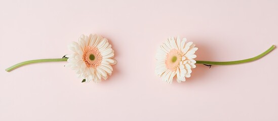 Aufkleber - Delicate gerbera flowers positioned symmetrically on a soft pink background showcasing their reverse sides for a minimalistic spring aesthetic.