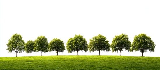 Poster - Lush green treeline on a vibrant green field with uniform tree placement against a pure white background highlighting nature's tranquility.