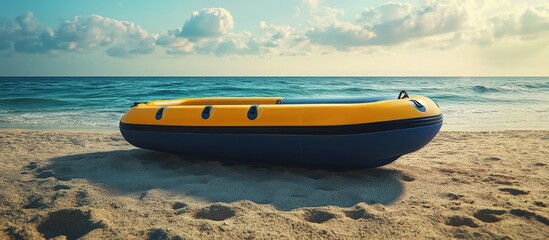 Aufkleber - Vibrant blue and yellow lifeboat rests on sandy beach under a soft sky with clouds reflecting sunlight creating a serene emergency readiness scene.