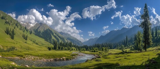 Aufkleber - Lush green valley with a flowing river beneath a bright blue sky dotted with fluffy clouds, framed by majestic mountains and tall pine trees.
