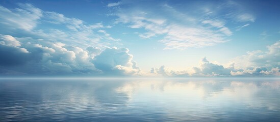 Aufkleber - Serene lake landscape with calm waters reflecting blue sky and fluffy clouds in soft hues; gentle waves create tranquil ambiance during sunrise.