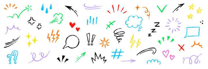 Fototapete - Line movement element hand drawn chalk effect decoration shape. Hand drawn cute doodle line element arrow, emphasis, shock, sparkle. Motion cartoon movement chalk icon. Vector illustration