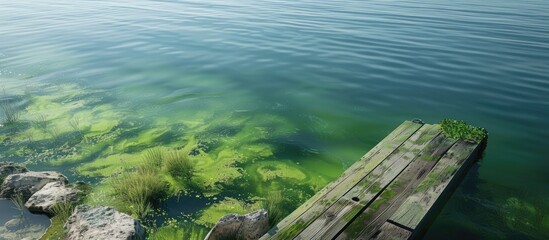 Poster - Lakeshore jetty over clear water with prominent green algae bloom extending across the foreground and ample copy space on the right side