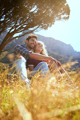 relax, hug and love with couple in nature for bonding, park conservation date and mountain view. hap