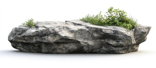 Aufkleber - Realistic textured rock cliff with green grass patches on the top, positioned centrally on a pure white background, emphasizing natural ruggedness.