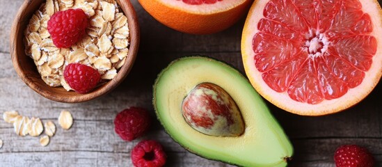 Poster - Nutritious composition of fresh fruits including sliced grapefruit and cantaloupe, avocado halves with pit, and oatmeal topped with raspberries, earthy tones.