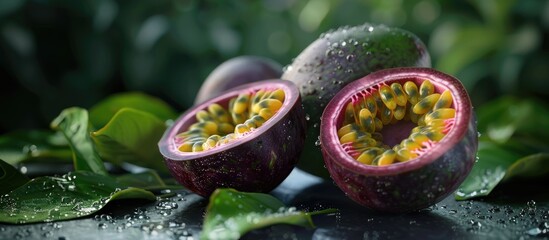 Aufkleber - Vibrant passion fruit cut in half revealing juicy yellow interior with glossy leaves and droplets of water in soft focus background