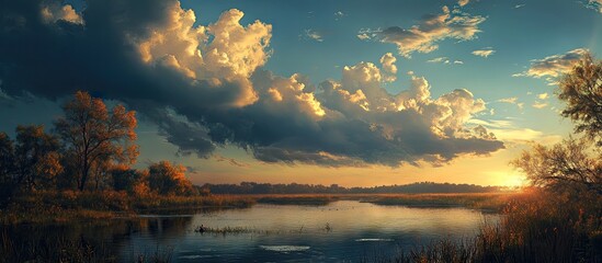 Poster - Serene sunset reflection over tranquil water with soft blue sky and fluffy clouds, framed by autumn foliage and calming natural hues.