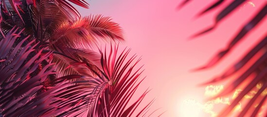 Poster - Vibrant pink evening sky with lush palm leaves in the foreground creating a dreamy tropical atmosphere and ample copy space on the right