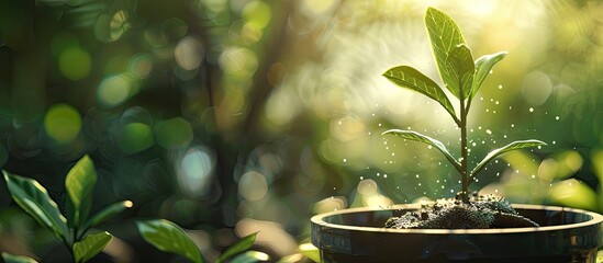 Aufkleber - Fresh green seedlings sprouting from rich soil in a dark container, soft sunlight illuminating the background and creating a bokeh effect for text space.