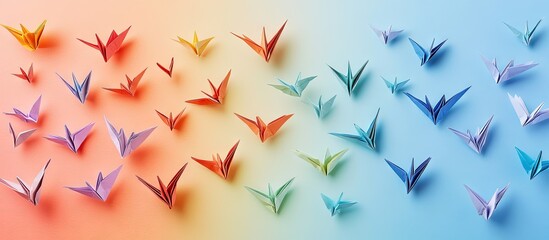 Poster - Colorful origami cranes in shades of orange, pink, blue, and teal arranged in a gradient pattern across a soft background for a serene aesthetic.