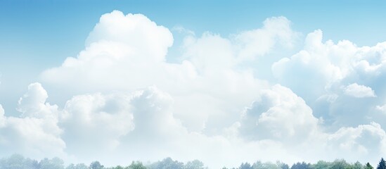 Aufkleber - Fluffy white clouds dominate a bright blue sky above a serene green landscape, creating a tranquil and peaceful atmosphere on a clear day.