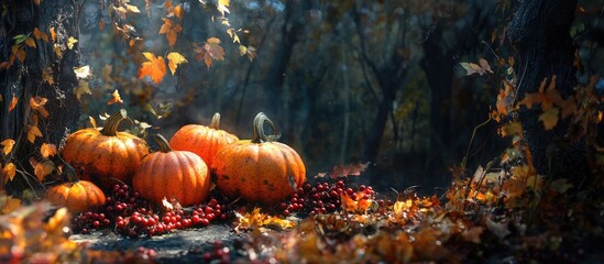 Fototapete - Autumn scenery featuring vibrant orange pumpkins surrounded by rich red berries and fallen yellow leaves with soft natural light illuminating the scene