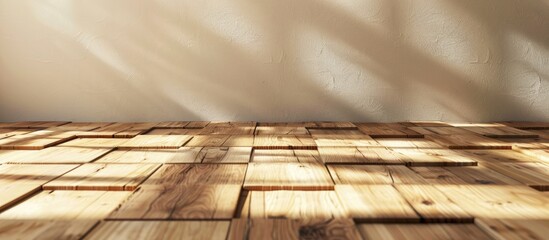 Poster - Wooden floor tiles in warm brown tones arranged in diagonal patterns against a soft light background with subtle shadows for copy space.