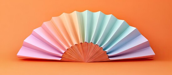 Fototapete - Colorful curved sheets of paper shaped like a fan in pastel shades of pink, blue, and peach on a vibrant orange background creating a playful composition