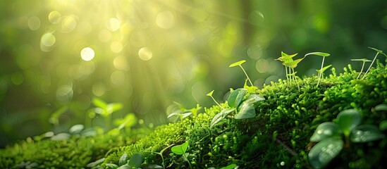 Fototapete - Lush green moss with vibrant sunlight filtering through, creating a serene atmosphere with blurred background and ample copy space on the left.