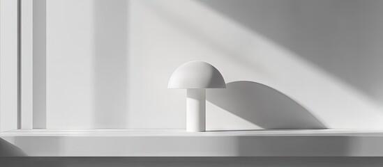 Fototapete - Sleek minimalist interior with a white mushroom-shaped lamp casting soft shadows on a light gray surface emphasizing clean lines and simplicity