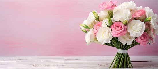 Aufkleber - Elegant bouquet of pink and white Eustoma flowers placed to the right against a soft pink gradient background with a rustic wooden surface.
