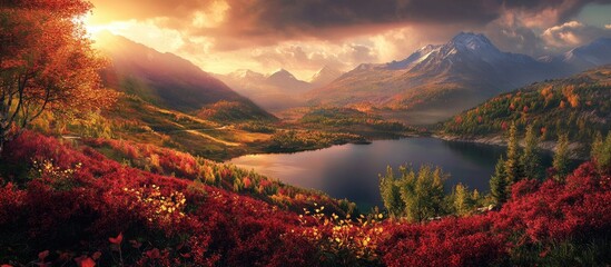 Poster - Serene landscape showcasing vibrant red and yellow flowers in the foreground, a tranquil lake reflecting mountains under a dramatic sunset sky.
