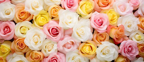 Poster - Colorful arrangement of pink, white, and yellow rose flowers in full bloom, creating a vibrant floral backdrop with soft pastel tones and layers.
