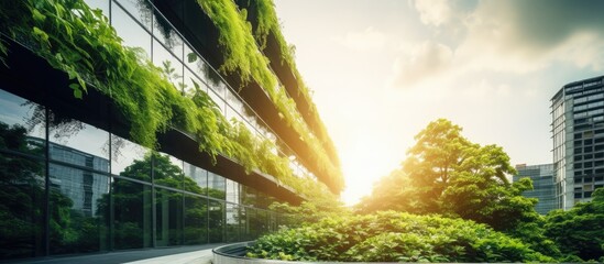 Aufkleber - Modern sustainable architecture with green greenery on building facade illuminated by sunlight at dawn with trees in foreground and urban backdrop.
