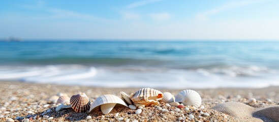 Aufkleber - Seashells scattered on sandy beach with gentle waves in the background clear blue sky for a relaxing vacation scene ample copy space