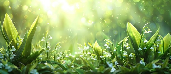 Fototapete - Lush green leaves with delicate white lilies of the valley blooming in soft sunlight creating a serene and tranquil spring atmosphere.