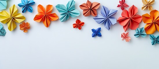 Poster - Colorful origami flowers in orange, blue, and red arranged horizontally on a smooth white background, creating a vibrant and artistic display.