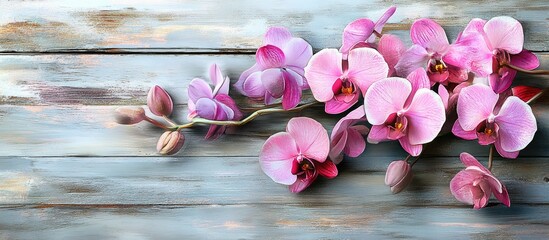 Poster - Vibrant pink orchids elegantly spread across a rustic wooden surface highlighting a bohemian decor style with delicate petals and soft colors.