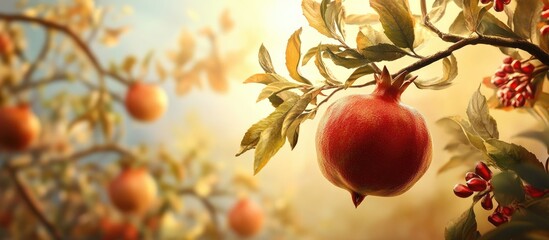 Aufkleber - Pomegranate tree with ripe red fruit in focus surrounded by green leaves and soft golden light in a serene outdoor setting during harvest season.
