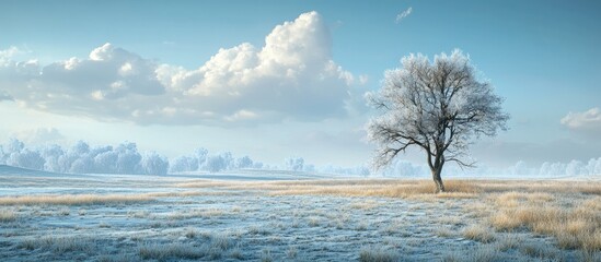 Poster - Serene winter landscape transitioning to summer with a lone tree on a snowy field under a bright blue sky and fluffy white clouds in the distance