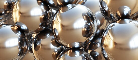 Leinwandbilder - Abstract close-up of interconnected metallic spheres reflecting warm light with glossy surfaces, featuring shades of silver and gold in a dynamic arrangement.