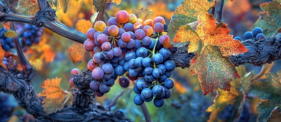 Aufkleber - Vibrant Languedoc grape clusters in shades of purple and red hang on twisted vines surrounded by autumnal leaves in warm golden and orange hues