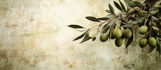 Leinwandbilder - Lush olive branch with ripe olives in foreground against a textured, warm-toned background, creating a serene and timeless agricultural atmosphere.