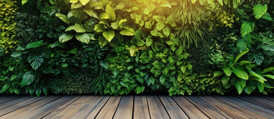 Poster - Lush green vertical garden backdrop with various leafy plants against a wooden floor illuminated by soft sunlight creating a serene indoor atmosphere