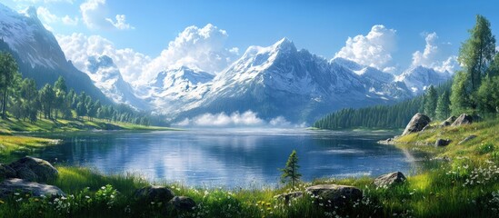 Aufkleber - Panoramic view of a serene mountain lake reflecting snow-capped peaks under a clear blue sky surrounded by lush green hills and trees.