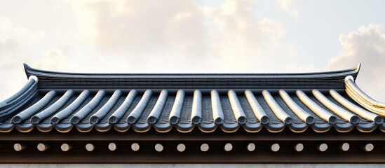 Aufkleber - Traditional Korean roof detail with curved tiles in shades of gray and blue against a soft light sky background, showcasing ornate architectural style.
