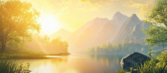 Fototapete - Majestic mountain landscape at dawn with sunbeams illuminating a tranquil lake surrounded by lush greenery and towering peaks in soft golden hues.