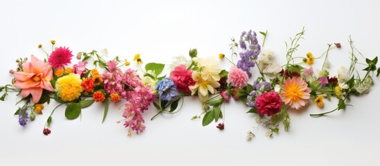 Poster - Colorful floral arrangement featuring pink, yellow, purple, and white flowers positioned horizontally on a clean white background.