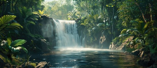 Aufkleber - Lush green jungle surrounds a majestic waterfall cascading into a tranquil pool with vibrant foliage creating a serene and peaceful atmosphere