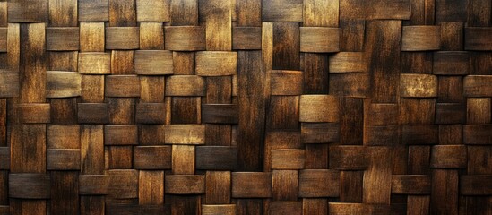Poster - Woven bamboo texture background featuring dark and light brown tones arranged in a crosshatch pattern ideal for design applications.