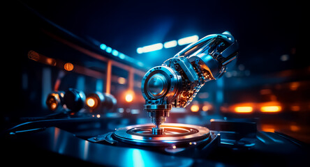 Aufkleber - A metallic robotic arm with a drill bit poised above a circular platform in an industrial setting.  The background is dark and blurry with soft, glowing lights.