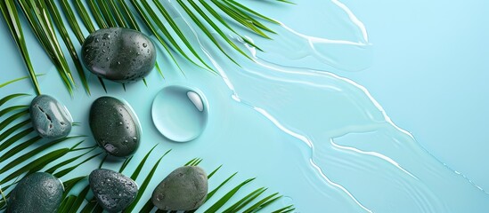 Aufkleber - Serene composition of palm leaves and smooth spa stones arranged in tranquil water on a soft light blue background with ample copy space to enhance wellness.