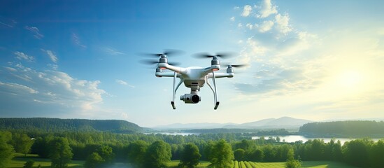 Aufkleber - Drone flying over a lush green landscape with mountains in the background under a clear blue sky and soft sunlight illuminating the scene.